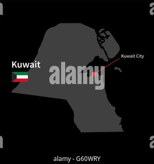 Carte détaillée du Koweït et capitale Koweït City avec drapeau sur fond noir Illustration de Vecteur