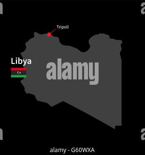 Carte détaillée de la Libye et capitale Tripoli avec drapeau sur fond noir Illustration de Vecteur