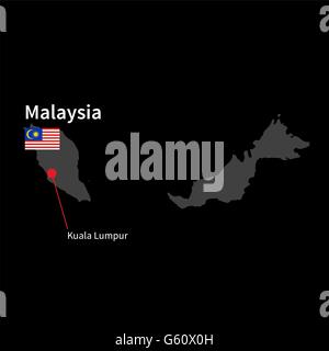 Carte détaillée de la Malaisie et capitale Kuala Lumpur avec drapeau sur fond noir Illustration de Vecteur