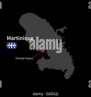 Carte détaillée de la Martinique et de la capitale Fort-de-France avec le drapeau sur fond noir Illustration de Vecteur