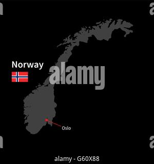 Carte détaillée de la Norvège et capitale Oslo avec drapeau sur fond noir Illustration de Vecteur