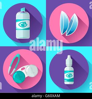 Lentille de contact, contenant, solution quotidienne, des gouttes et des pincettes icons Illustration de Vecteur