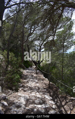 Camí de sa Pujada, également connu sous le nom de l'ancien chemin, Camí Romà Formentera avec la protection de la corde à partir de la bordure de la falaise Banque D'Images