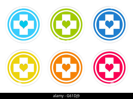 Ensemble d'icônes colorées avec symbole médical en bleu, rouge, jaune, rose, rouge et orange Banque D'Images