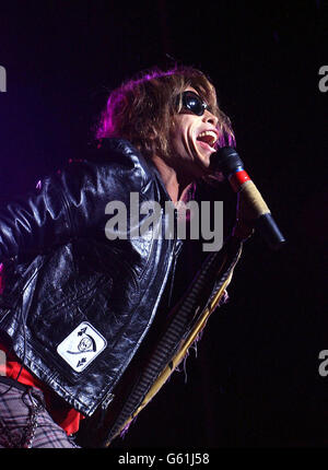 Steven Tyler, chanteur principal du groupe de rock américain Aerosmith, se présentant sur scène au théâtre de Jones Beach, à long Island, New York, États-Unis. Banque D'Images