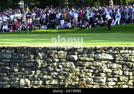 America's Tiger Woods au 13ème parcours de golf de Mount Juliet, Co Kilkenny, République d'Irlande au troisième tour du Championnat American Express 2002.Woods a commencé le tour d'aujourd'hui dans la tête 14 sous par, terminant aujourd'hui 19-sous. Banque D'Images