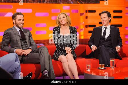 Chris Pine, Kim Cattrall et Benedict Cumberbatch pendant le tournage du Graham Norton Show aux London Studios, dans le sud de Londres, devant être diffusé sur BBC One vendredi soir. Banque D'Images