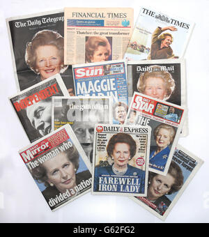 Une vue générale des pages de couverture d'une sélection de journaux nationaux, le lendemain de la mort de la baronne Thatcher à l'âge de 87 ans après un accident vasculaire cérébral. Banque D'Images