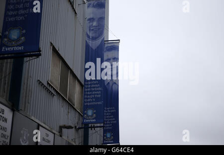 Vue générale du parc Goodison montrant les bannières de David Moyes à la suite du match de la Barclays Premier League à Goodison Park, Liverpool. APPUYEZ SUR ASSOCIATION photo. Date de la photo dimanche 12 mai 2013. Voir PA Story SOCCER Everton. Le crédit photo devrait se lire comme suit : Lynne Cameron/PA Wire. Banque D'Images