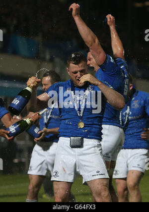 Jamie Heaslip, de Leinster, célèbre le passage au Stade Francais lors du match final de la coupe Amlin Challenge au RDS, Dublin. APPUYEZ SUR PHOTO D'ASSOCIATION. Date de la photo: Vendredi 17 mai 2013. Voir PA Story RUGBYU Cup. Le crédit photo devrait se lire comme suit : Niall Carson/PA Wire Banque D'Images