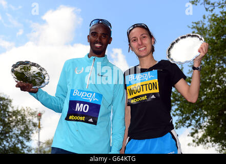 Mo Farah et Katrina Wootton célèbrent la victoire des courses de 10 km de Bupa London, Londres. Banque D'Images