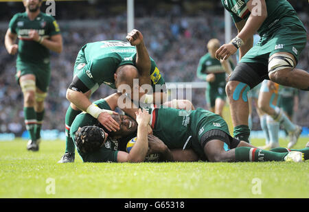 Vereniki Goneva, de Leicester, célèbre son essai lors de la première finale d'Aviva à Twickenham, Londres.APPUYEZ SUR ASSOCIATION photo.Date de la photo: Samedi 25 mai 2013.Le crédit photo doit être lu : Tim Ireland/PA Wire. Banque D'Images