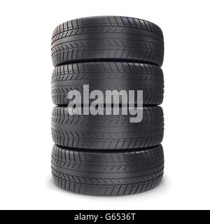 Les roues de voiture pile sur fond blanc. 3d illustration Banque D'Images