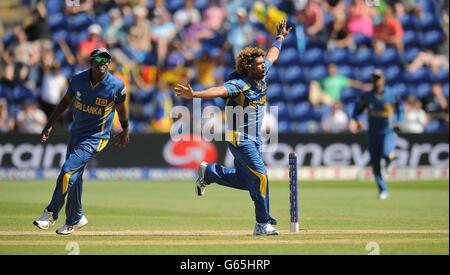 Lasith Malinga (à droite), au Sri Lanka, célèbre la prise de la porte de Daniel Vettori (non représenté), en Nouvelle-Zélande, lors du match du Trophée des champions de l'ICC au stade SWALEC, à Cardiff. Banque D'Images