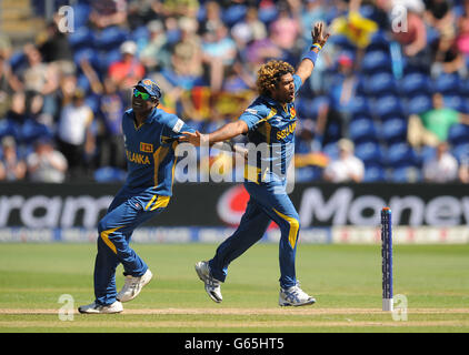 Lasith Malinga (à droite), au Sri Lanka, célèbre la prise de la porte de Daniel Vettori (non représenté), en Nouvelle-Zélande, lors du match du Trophée des champions de l'ICC au stade SWALEC, à Cardiff. Banque D'Images