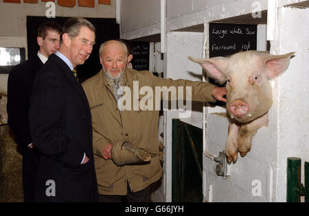 Le Prince de Galles (à gauche) rencontre l'agriculteur Peter Hart et sa grande croix blanche, lors d'une visite à la ferme de l'école Warriner à Bloxham, dans l'Oxfordshire. Le Prince de Galles a rencontré des jeunes dans l'école complète qui possède sa propre ferme biologique. Banque D'Images