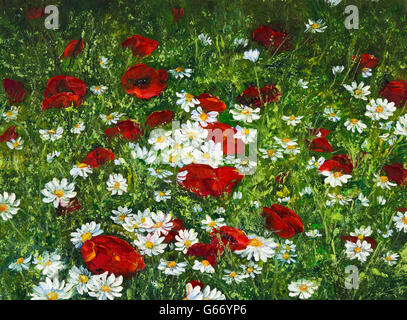 Peinture à l'huile originale de pavot à opium( Papaver somniferum) et daisy field sur toile.impressionnisme moderne Banque D'Images