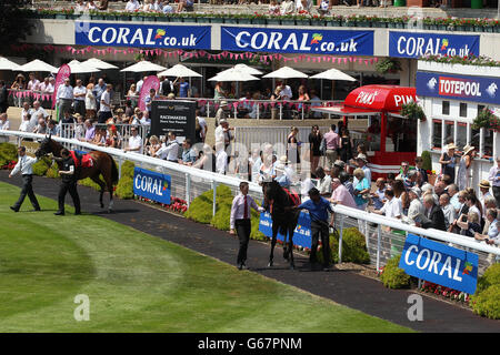 Courses hippiques - Coral-Eclipse Day - Sandown Park.Les chevaux sont promenés autour de l'anneau de parade avant la charge de corail Banque D'Images