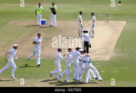 James Pattinson et Brad Haddin, de l'Australie, ont été abattus alors que l'Angleterre célèbre la victoire du premier match d'essai Investec Ashes à Trent Bridge, à Nottingham. Banque D'Images