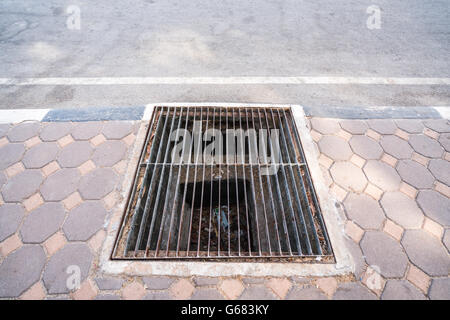 Couvercle d'égout grill en acier colorés ou de réseau d'égoût, sur sentier public, copie de l'espace sur la route Banque D'Images