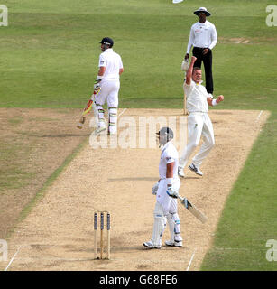 Le wailer australien Peter Siddle célèbre après avoir pris le batteur de cricket d'Angleterre Matthew avant 31, au cours du troisième jour du premier match d'essai Investec Ashes à Trent Bridge, Nottingham. Banque D'Images