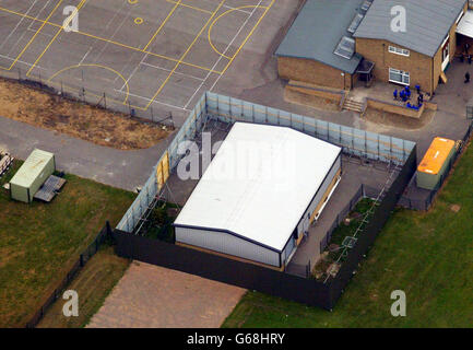 Photographie aérienne de Soham Village College montrant l'école 'Hanger'. Banque D'Images