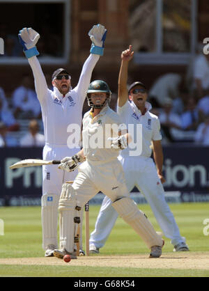 Matt Prior (à gauche) et Jonathan Trott (à droite), en Angleterre, célèbrent le titre de Chris Rogers (au centre), en Australie, lors du deuxième jour du deuxième test Investec Ashes au terrain de cricket de Lord's Cricket Ground, à Londres, en 15. Banque D'Images