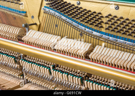 Détails de la mécanique à l'intérieur d'un piano droit Banque D'Images