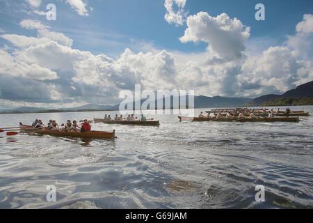 Les clubs nautiques Oxford et Cambridge, qui se disputent avec six autres équipes locales sur les lacs de Killarney dans le cadre du festival d'aviron de Killarney, célèbrent la 228e régate de Killarney, la plus ancienne régate survivante au monde. Banque D'Images