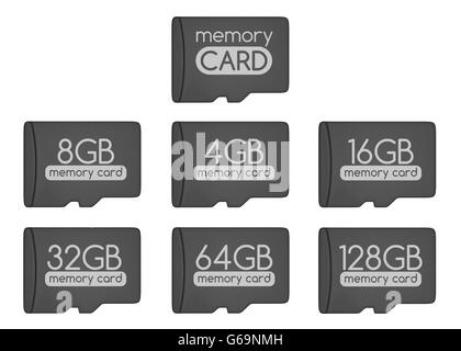 Jeu de cartes mémoire MicroSD. Vue d'en haut. Carte mémoire générique et capacité différentes cartes. Isolé sur blanc. 3D illustration. Banque D'Images