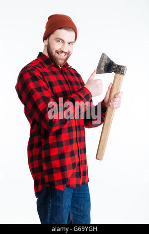 Homme barbu Handsome smiling at camera ax holding isolé sur fond blanc Banque D'Images