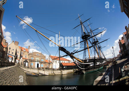 Le Comté de Durham, Royaume-Uni, Hartlepool Maritime Experience, HMS Trincomalee, 200 ans, frégate, objectif grand angle fish eye view Banque D'Images