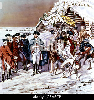 Révolution américaine 1777 CONGRÈS ET LE GÉNÉRAL GEORGE WASHINGTON REVIEW COLD soldats affamés à Valley Forge en Pennsylvanie Banque D'Images