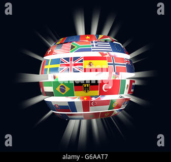 Illustration de drapeaux nationaux tordu en spirale comme globe avec des rayons Banque D'Images