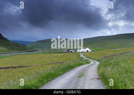 La région de Teesdale, County Durham, Angleterre nord-est. 24 Juin, 2016. Météo britannique. Au cours de la construction de nuages au nord des Pennines collines environnantes Widdybank Farm dans la région de Teesdale le jour où les électeurs britanniques décidé par une faible marge de quitter l'Union européenne. Crédit : David Forster/Alamy Live News Banque D'Images