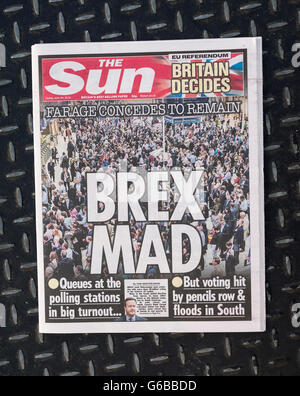 Quotidien britannique The Sun page avant le jour après le référendum de l'Union européenne. Banque D'Images
