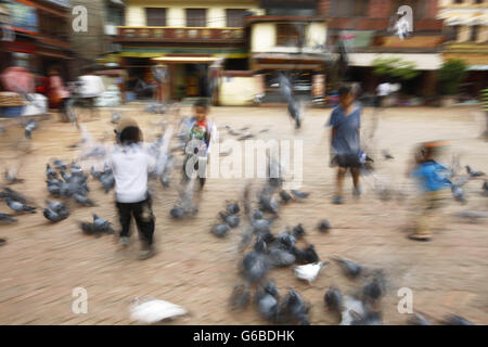 Katmandou, Népal. 24 Juin, 2016. Enfants népalais jouer avec les pigeons à l'intérieur du stupa de Boudhanath, Site du patrimoine mondial de l'UNESCO qui est actuellement en cours de reconstruction après le séisme de l'an dernier à Katmandou (Népal) le vendredi 24 juin, 2016. © Skanda Gautam/ZUMA/Alamy Fil Live News Banque D'Images