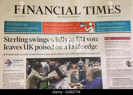 London, UK 24 juin 2016 - Financial Times. Journal anglais pages avant le jour de couverture après le vote du référendum de l'Union européenne. Credit : Dinendra Haria/Alamy Live News Banque D'Images