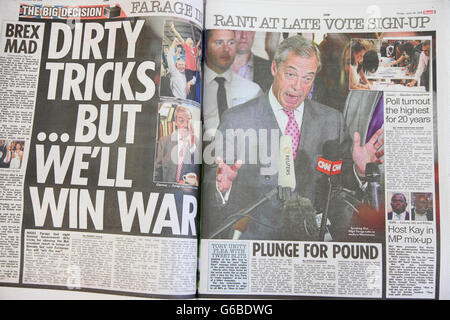 London, UK 24 juin 2016 - à l'intérieur de la couverture dans le soleil. journal britannique pages avant le jour de couverture après le vote du référendum de l'Union européenne. Credit : Dinendra Haria/Alamy Live News Banque D'Images