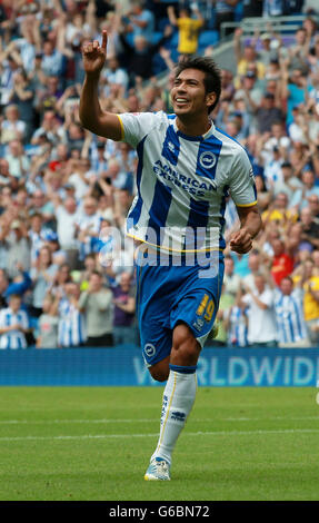 Football - Sky Bet Championship - Brighton et Hove Albion v Derby County - AMEX Stadium.Leonardo Ulloa de Brighton célèbre son but lors du match de championnat Sky Bet au stade AMEX de Brighton. Banque D'Images