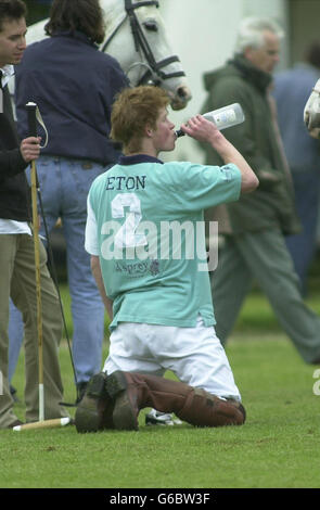 Le prince Harry, le plus jeune fils du prince de Galles, prend un verre pendant la demi-période pendant que son équipe d'Eton a gagné le match par le score de 3 à 2 1/2, au cours duquel le prince Harry a marqué deux fois en jouant au club de polo de Cirencester Park. * pour Eton College pour le 'College Polo Trophy'. Banque D'Images