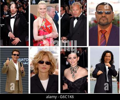 Stars hollywoodiennes (de gauche à droite) Keanu Reeves, Nicole Kidman, Kevin Costner, Laurence Fishburne, Arnold Schwarzenegger, Meg Ryan, Penelope Cruz et Jackie Chan, tous présents au 56e (2003) Festival de Cannes. * les organisateurs du Festival de Cannes, ont rejeté les affirmations du ministre du tourisme Kim Howells selon lesquelles les stars hollywoodiennes avaient trop peur de voler. M. Howells a déclaré que les héros de l'action américaine n'avaient pas les « balles » pour se rendre en Europe par crainte d'une attaque terroriste. Mais il y avait peu de preuves de cela à Cannes, avec toutes les stars photographiés qui s'étaient jetait sur la Côte d'Azur. Banque D'Images
