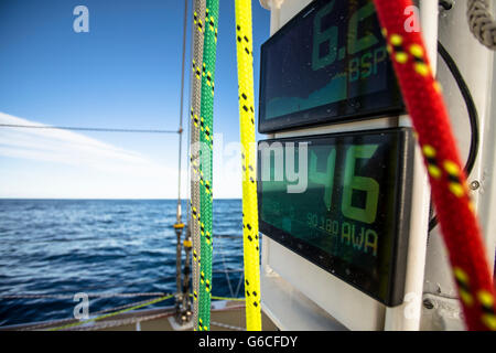 Instruments sur le mât de l'yacht, Garmin qui est la course dans la Clipper Round the World Yacht Race, photographiés au cours de la Rolex Sydney Hobart 2015 au stade. Banque D'Images