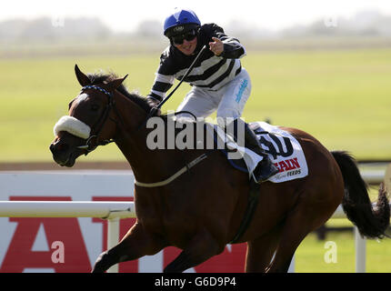 Courses hippiques - GAGNER Irish St Leger/Goffs Vincent O'Brien National Stakes Day - Curragh Racecourse.Le jockey Chris Hayes célèbre après que son mont Volanse de Coeurs a remporté le GAIN Irish St. léger au Curragh Racecourse, comté de Kildare, Irlande. Banque D'Images