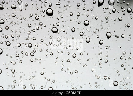 Perlé de gouttelettes d'eau sur une fenêtre en verre à l'été Banque D'Images