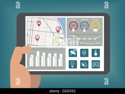 Hand holding tablet avec smart home automation planche comme vector illustration Illustration de Vecteur