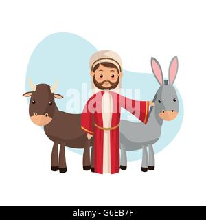 Joseph et les animaux d'icône. Joyeux Noël design. Vector gra Illustration de Vecteur