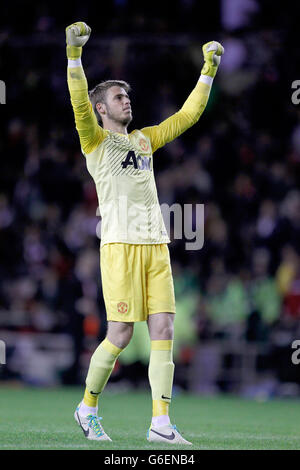 David de Gea, de Manchester United, célèbre la victoire après le match de la Barclays Premier League Sunderland contre Manchester United au stade de la lumière, Sunderland Banque D'Images