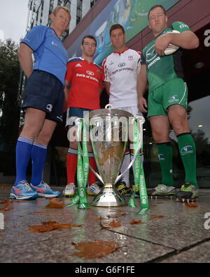 (Gauche-droite) Leo Cullen de Leinster, Peter O'Mahony de Munster, Johann Muller d'Ulster et Michael Swift de Connacht lors du lancement de la coupe irlandaise Heineken à Sky Ireland, Dublin. Banque D'Images