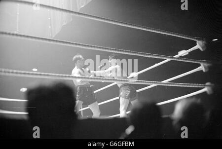 15 AVRIL : ce jour de 1947, le plus grand événement de boxe britannique depuis la fin de la guerre a eu lieu, à Harringey Arena, Londres. Le champion britannique Bruce Woodcock de Doncaster a rencontré Joe Baksi de Pennsylvanie, aux États-Unis, dans un championnat du monde de poids lourd à dix tours. Woodcock (à droite) avec ses yeux et son visage gravement endommagé combats en arrière dans le quatrième tour de la plus grande lutte d'après-guerre de Grande-Bretagne qui a eu lieu à harringay Arena, entre Bruce Woodcock de Doncaster, et Joe Baksi de Pennsylvanie, États-Unis. * Baksi a gagné quand le combat a été arrêté au 7ème tour par l'arbitre. Woodcock a reçu un super Banque D'Images